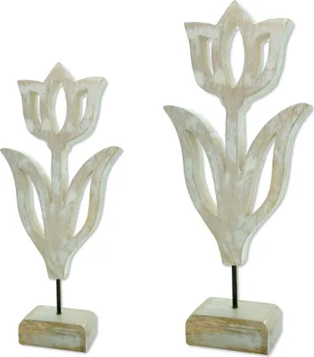 Produktbild von Holz Skulptur Tulpe weiß-braun 2er Set - 21 und 31cm Dekofigur Tisch-Deko Holzblume Figur