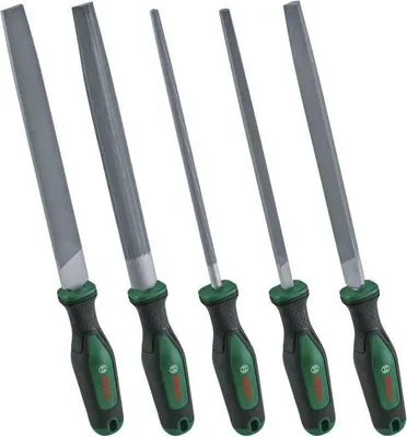 Produktbild von Feilen Set, 5-teilig, Hartmetallstahl, Mittlere Hiebzahl 2, Softgrip Griffe, Rund, Halbrund, Flach, Dreieckig, Quadratisch