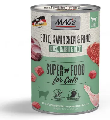 Produktbild von MAC's CAT ENTE, KANINCHEN, RIND, Adult, jede Rasse, Rind, Ente, Kaninchen, 400 g, Getreidefrei