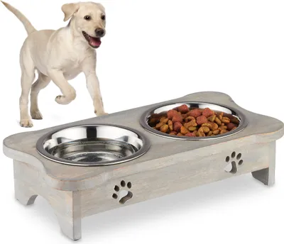 Image de Relaxdays Station d'alimentation pour chien, comptoir surélevé, 2 gamelles de 750 ml chacune, bois de manguier et acier inoxydable, support double pour gamelles, gris