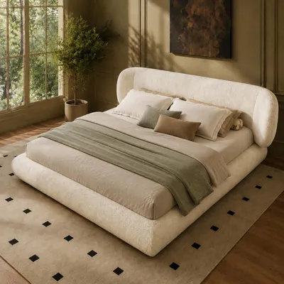 Produktbild von MODFU Doppelbett 140x200 Polsterbett mit Chenille-Bezug, Bettgestell Jugendbett mit gepolstertem Kopfteil und Lattenrost, ohne Matratze,Beige, KI-generiertes Bild