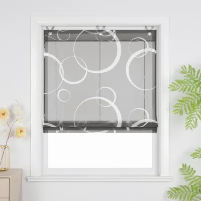 Produktbild von Joyswahl Raffrollo ohne Bohren Voile Raffgardinen mit Kreise Muster Modern Küche Fensterrollo mit Haken Wohnzimmer Transparent Grau BxH: 45x130 cm