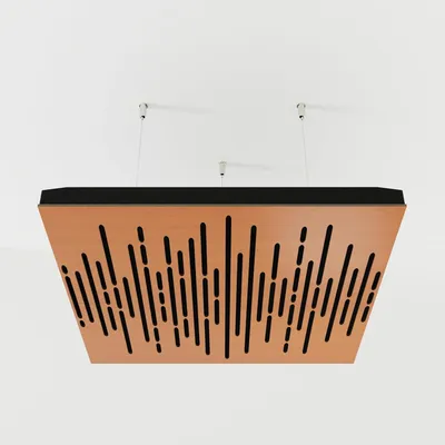 Obrázek produktu pro Balení po 2 kusech – Závěsný stropní akustický panel s velurovým potahem a montážní sadou | 50 x 50 x 5 cm | Absorpce a difúze zvuku | [WAVE – třešeň | černá]