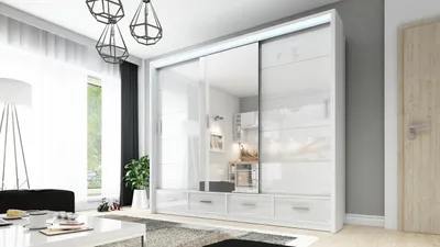 Produktbild von Halbglanz Gross Weiss Schiebeschrank mit Spiegel Kleiderschrank SYCYLIA 250 CM + LED