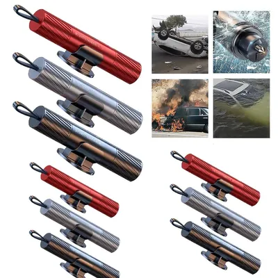 A collage of product images showing safety hammers in different colors and scenarios of car accidents.