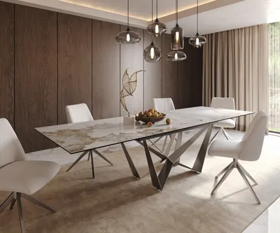 Produktbild von DELIFE Esstisch Edge 200-300x100 Keramik Minas Melange Weiß-Beige Spider Flachstahl Edelstahl ausziehbar
