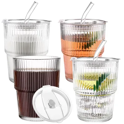 4er-Set Eiskaffeebecher 16 oz mit Deckeln & Strohhalmen, Riffelglas