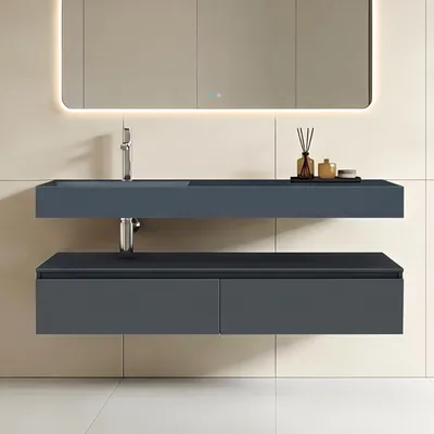 Image de doporro Meuble de Salle de Bain Gris Noir Mat Ensemble de 2 Pièces Meuble avec Lavabo 150cm Design Up avec 2 Grands Tiroirs