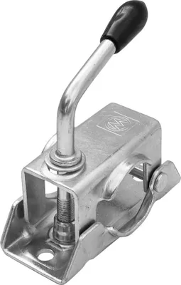 A close-up studio shot of a metal clamp with a black handle.