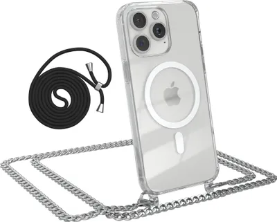 Produktbild von EAZY CASE Handykette kompatibel mit Apple iPhone 15 Pro Max, Kette zum Umhängen aus Metall, Silikonhülle mit Band, stoßfest, mit MagSafe in Silber