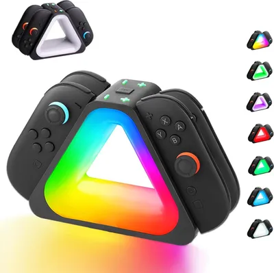 Produktbild von ZELURXX Switch 2 Joy-Con Ladegerät, 4-fach Ladestation mit LED Anzeige, Schnellladen und RGB Beleuchtung, Kompatibel, Schwarz