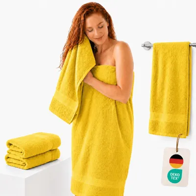Produktbild von Komfortec 2er Set Duschtücher, 70x140cm Größe, Doppelpack, %100 Baumwolle, Handtücher, Frottee, Weich, Saugstark, Gelb