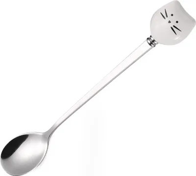 Image de Jolie cuillère en forme de chat en acier inoxydable avec un long manche, idéale pour le thé, le café, les glaces et les desserts