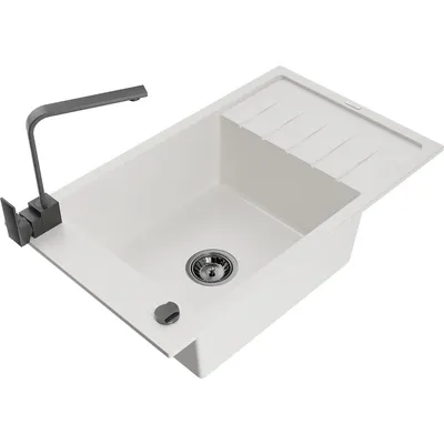 Obrázek produktu pro Mexen Elias 1-miskový granitový dřez s odkapávačem a kuchyňskou baterií Rita, Bílá - 6511-20-670300-70