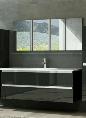 Produktbild von Badmöbel Set 120 cm Schwarz Badezimmermöbel Hochschrank Waschtisch Spiegel 6Teilig