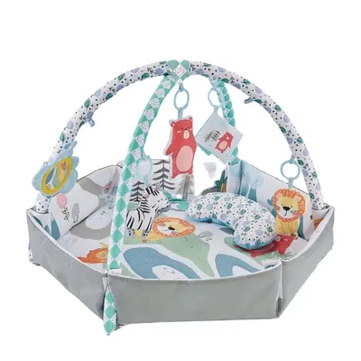 Produktbild von Kadii Baby Spieldecke mit Spielbogen, Faltbare Krabbelmatte mit 6 Spielzeugen, Zoo Design, Bauchzeitkissen, Grau-Türkis