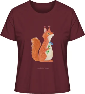 Produktbild von Mr. & Mrs. Panda Damen Kurzarmshirt Eichhörnchen Blume Größe S - Burgundy - Geschenk, Spaß, Basic T-Shirt, Spruch Positiv, Sommershirt, Baumwoll, Shirt, Lachen, Oberteil