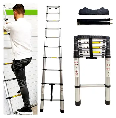 Produktbild von 3,9 m Aluminium Teleskopleiter mit rutschfesten Gummipuffern, teleskopierbar, maximale Belastung 150 kg, tragbar, Gewicht 13,2 kg