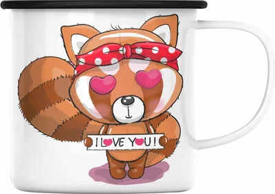 Produktbild von Trendation - Süßer Roter Panda Emaille Tasse Musik Kinder Geschenkidee für Jungs Mädchen Lustige Grafik I Love You (Schwarz)