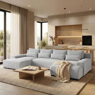 Image de BEAUTYSOFA BENNY canapé d'angle en U - canapé d'angle en U rembourré pour le salon avec fonction de couchage et lit - gris clair (Poso55)