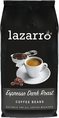 A bag of Lazarro Espresso Dark Roast coffee beans.