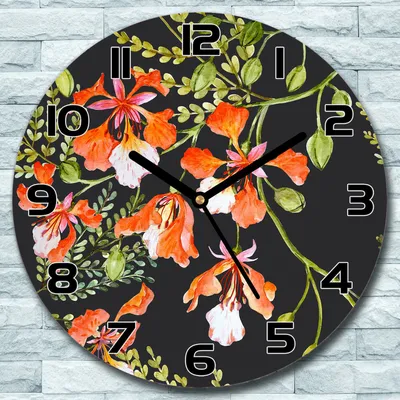Produktbild von Wanduhr aus Glas Rund fi 30 Rote Blumen Quarz Deko Wohnzimmer Büro