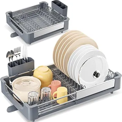 Produktbild von PromoHome® Ausziehbares Abtropfgestell mit Besteckhalter – Verstellbares Küchenregal, 34-55 cm, Grau