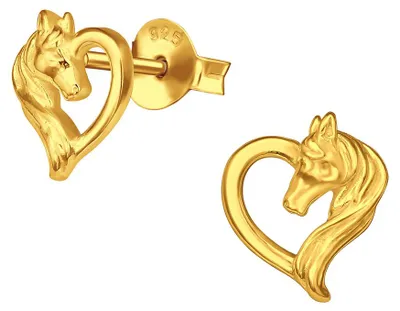 Produktbild von Ohrstecker Herz mit Pferd vergoldet: Kinder Ohrstecker Silber 925