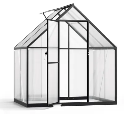 Produktbild von Vigevee Gewächshaus, Wintergarten aus Aluminium, schwarzer Rahmen mit 4 mm starken Lichtplatten, Maße: 123 x 180 x 195 cm