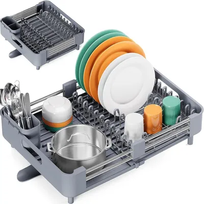 Zdjęcie produktu dla Rozkładana suszarka do naczyń, składana, ze stali nierdzewnej, z pojemnikiem na sztućce, kolor szary, wymiary 32-47 cm