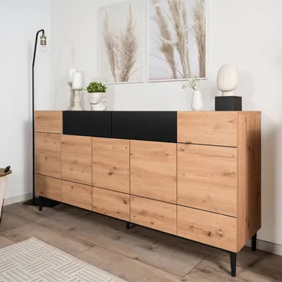 Produktbild von Homestyle4u Sideboard Kommode Eiche Holz Braun Schwarz Wohnzimmerschrank Anrichte Schrank