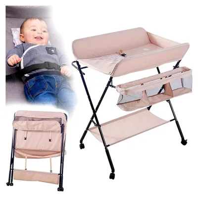 Produktbild von Wickeltisch und Badewanne 2-in-1 für Babys von Geburt bis 12 Monate (bis 25 kg), Faltbar, Tragbar, Mit 4 Rollen (Rosa)