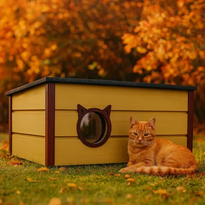 Zdjęcie produktu dla QLS Izolowany drewniany domek dla kota 73×52×38 cm z zasłoną Odporny na warunki atmosferyczne Beżowy 11391
