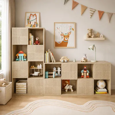 Imagen del producto de Estantería INONEFT, estante para libros con 4 compartimentos abiertos y 4 puertas, estante de almacenamiento para oficinas, dormitorios y salones, 60 x 30 x 125 cm, Imagen generada por IA