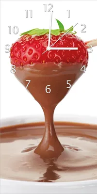 Produktbild von Wallario Design Wanduhr Schoko-fondue mit Erdbeer am Stiel aus Echtglas, Größe 30 x 60 cm