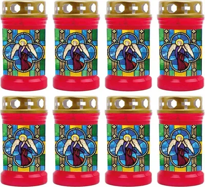 Image de Bougie funéraire - pack de 8 - rouge 40h ( couvercle or ) - fenêtre multicolore