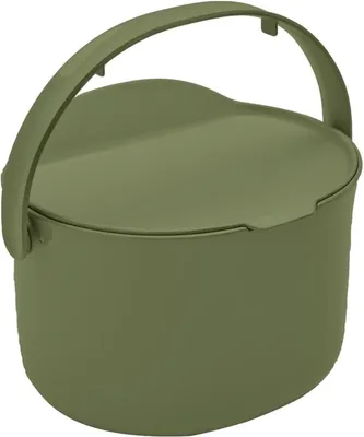 A studio shot of a green compost bin with a lid and handle.