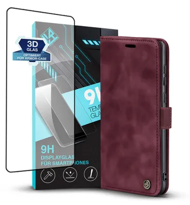 Produktbild von Handy Hülle für Samsung Galaxy S24 Ultra mit 9H Displayglas Klapphülle Bookcase Flip Cover Handy Tasche Etui Farbe: Weinrot