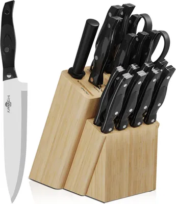 Imagen del producto de Juego de cuchillos de bloque, de 19 piezas, de acero inoxidable, con mangos de madera, que incluye un acero de cocina, ideal para la cocina