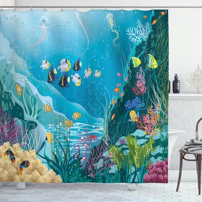 Produktbild von ABAKUHAUS Fisch Duschvorhang, Unterwasserlandschaft, Bakterie Schimmel Resistent inkl. 12 Haken Waschbar Stielvoller Digitaldruck, 175 x 180 cm, Multicolor