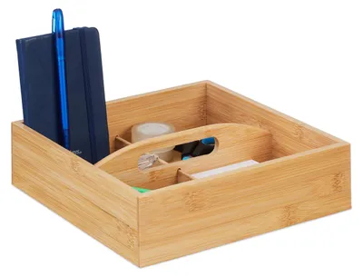 Image de Organiseur en bambou avec poignée, 4 compartiments, H x l x P : 6,5 x 25 x 25 cm, boîte de rangement pour le bureau, la salle de bains et