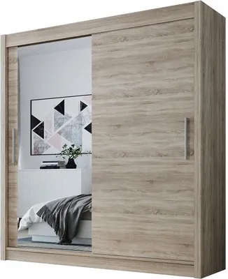 Produktbild von Easy4You D1 180 cm Trüffel Schiebetüren Kleiderschrank 180x215x58 cm mit Spiegel - Schlafzimmermöbel, Aufbewahrung - Mehrzweckschrank