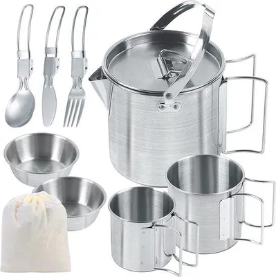 Produktbild von Unyqoos® Camping-Kochset Edelstahl 304 – 1,2 L Kessel mit 2 Bechern, 2 Schüsseln & Besteck, klappbare Griffe, platzsparend für Wandern & Picknick