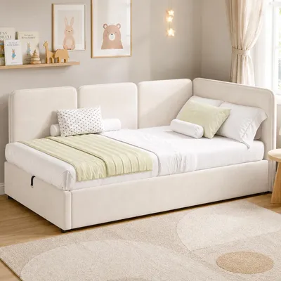 Immagine prodotto di Letto a castello 90x200 con contenitore e testiera, letto per bambini, reversibile (destra/sinistra), rivestito in velluto, letto singolo color beige, senza materasso