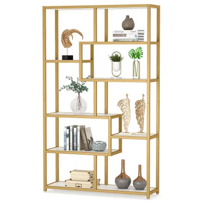 Produktbild von Tribesigns Bücherregal, Bücherregal, goldfarben, 8 offene Regale, Etagere-Bücherregal mit künstlichem Marmor, Bücherregale als Ausstellungsregal