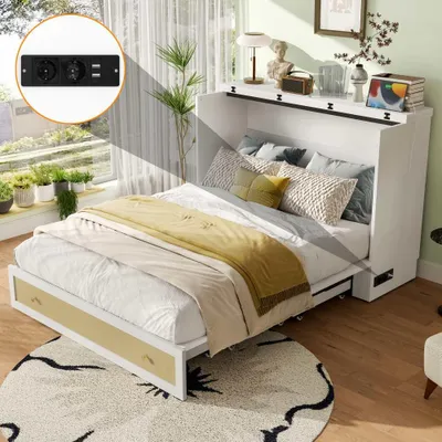 Produktbild von Multifunktionales Schrankbett mit USB und Steckdose, Schubladen und Regal – wandelbares Plattformbett, Platzsparend, ohne Matratze, 140x200 cm, Weiß