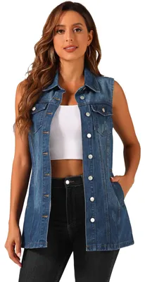Immagine prodotto di Gilet in denim da donna Allegra K, senza maniche, con bottoni, casual, lungo, in jeans