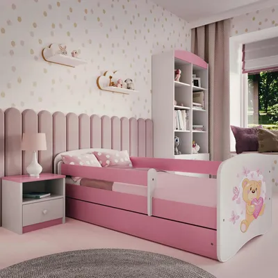 Produktbild von Kinderbett Jugendbett Schmetterlingsbär 70x140, 80x160, 80x180 cm - Komplettset mit Matratze, Schublade & Rausfallschutz