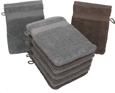 Produktbild von Betz 10 Stück Waschhandschuhe 16x21 cm PREMIUM 100% Baumwolle  Farbe: nussbraun und anthrazit