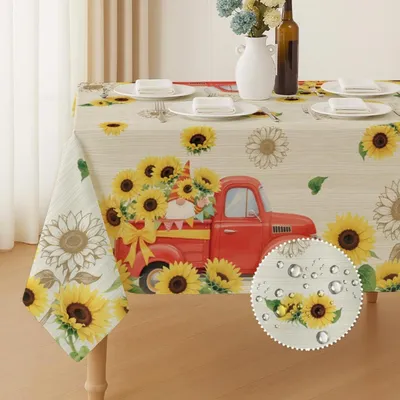 Immagine prodotto di Tovaglia con motivo girasole e gnomo, dimensioni 213x152 cm, idrorepellente, in poliestere, adatta per interni ed esterni
